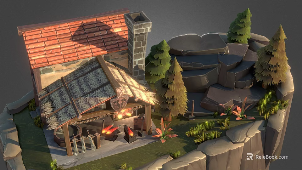 Traditional Ancient Architecture With Thatched Roof Stone Chimney And Fire Pit Near Trees 3d model 