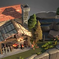Traditional Ancient Architecture With Thatched Roof Stone Chimney And Fire Pit Near Trees