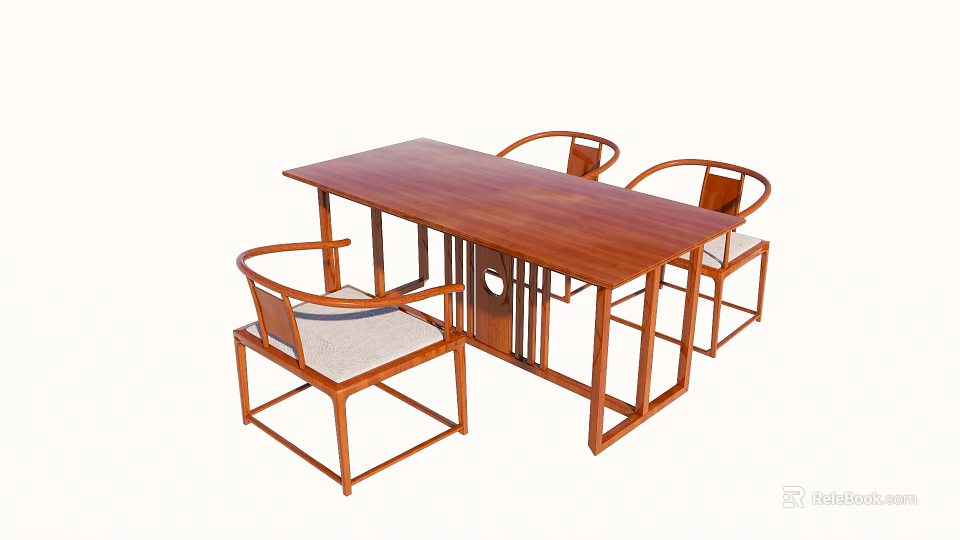 Traditional Chinese Style Wooden Tea Table And Chairs With Curved Backrests And Upholstered Seats 3d model 