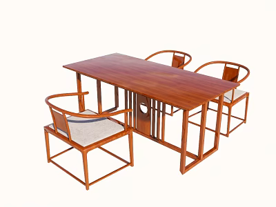Traditional Chinese Style Wooden Tea Table And Chairs With Curved Backrests And Upholstered Seats 3d model