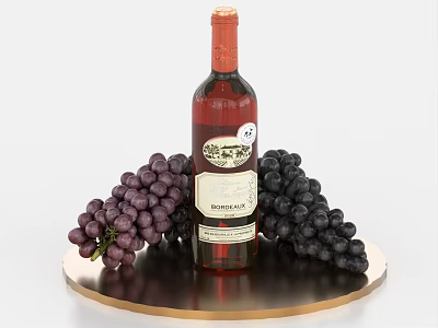 Bottle of Red Wine With Fresh Grapes On Golden Circular Tray 3d model