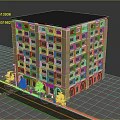 Multi Story Yellow Brick Urban Building With Black Roof Windows And Street Side Storefronts