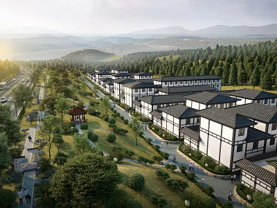 Rural Residential Area With White Houses Green Trees Distant Mountains And Pathways 3d model