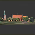 Colorful 3D Cartoon Scene of Village with Red Buildings Green Trees and Blue Domes