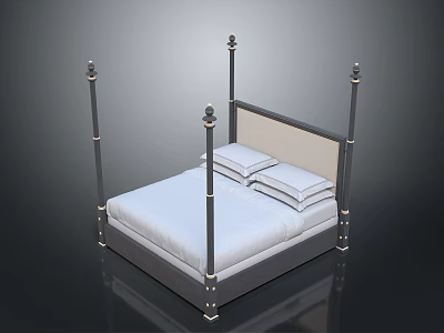 Elegant Four Poster Bed With Metal Posts White Mattress And Pillows 3d model