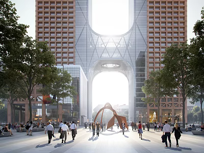 Modern Office Building With Twin Towers Arch Design Glass Curtain Walls Plaza Trees And Pedestrians 3d model