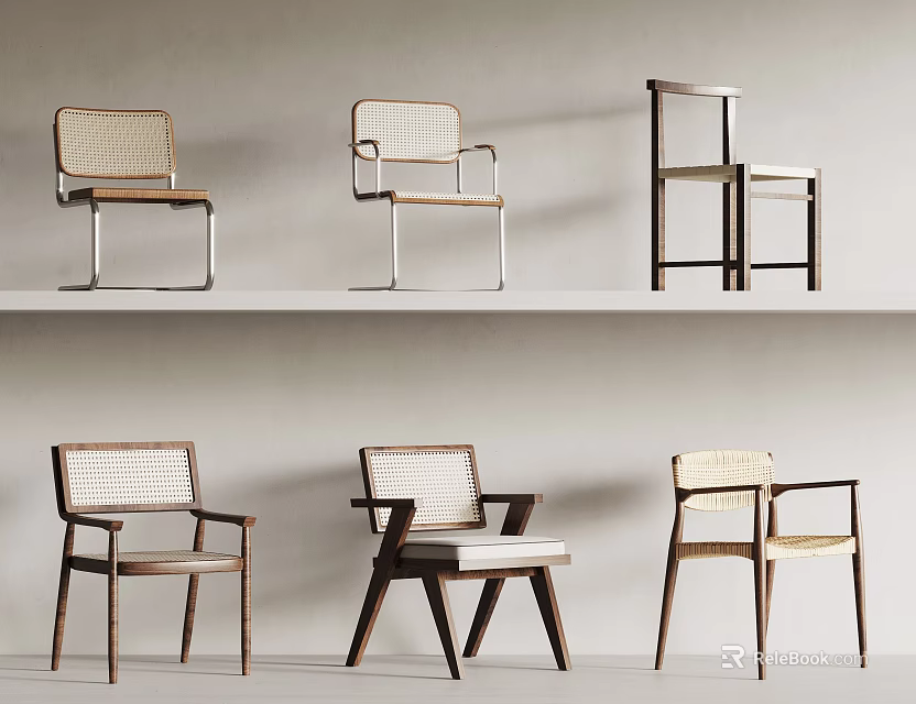 Modern Design Chairs With Wooden Frame And Various Woven Backrest Styles 3d model 