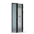 Contemporary Hinged Door Featuring Glass Panel Wooden Frame And Metal Handle