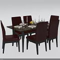 Modern Rectangular Dining Table Set With Six Red Chairs Tableware Candles And Fruits 3d model
