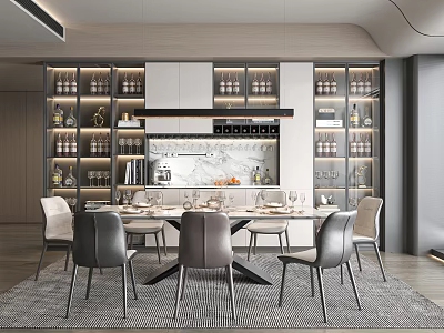 Luxurious Restaurant Dining Area With Round Table Leather Chairs And Glass Wine Racks 3d model
