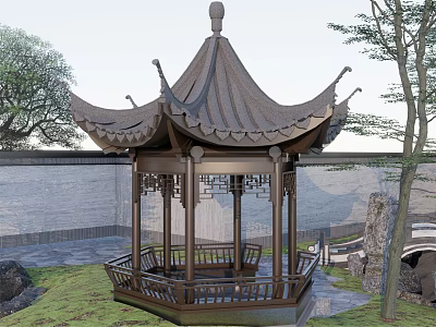 Traditional Chinese Garden Landscape With Curved Eaves Pavilion Carved Railings And Green Grass 3d model