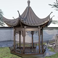 Traditional Chinese Garden Landscape With Curved Eaves Pavilion Carved Railings And Green Grass