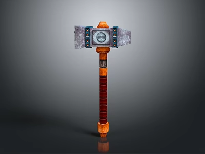 Ornate Fantasy Hammer With Decorative Metal Plates Red Striped Handle And Blue Gemstone 3d model