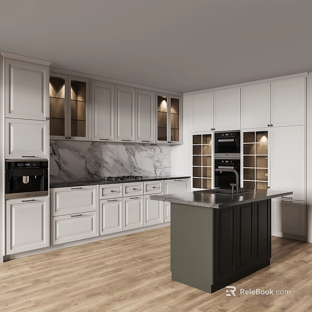 Contemporary White Kitchen With Marble Countertop Island Black Appliances And Wooden Flooring 3d model 