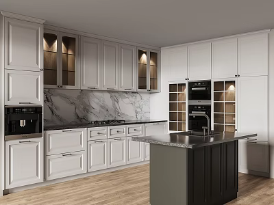 Contemporary White Kitchen With Marble Countertop Island Black Appliances And Wooden Flooring 3d model