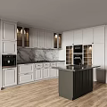 Contemporary White Kitchen With Marble Countertop Island Black Appliances And Wooden Flooring