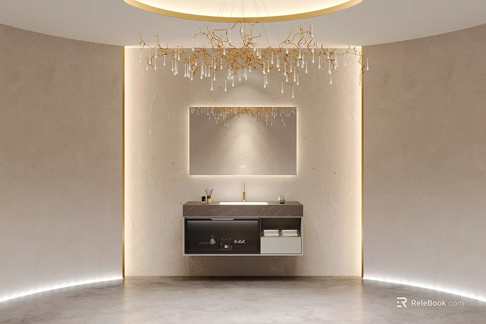 Modern Bathroom Vanity Unit With Mirror Gold Chandelier And Recessed Lighting On Neutral Walls 3d model 