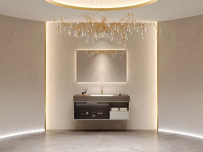 Modern Bathroom Vanity Unit With Mirror Gold Chandelier And Recessed Lighting On Neutral Walls 3d model