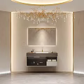 Modern Bathroom Vanity Unit With Mirror Gold Chandelier And Recessed Lighting On Neutral Walls