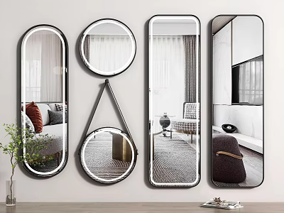 Stylish Modern Mirrors Oval Round Rectangular Shapes Wall Mounted With Room Furniture Reflections 3d model