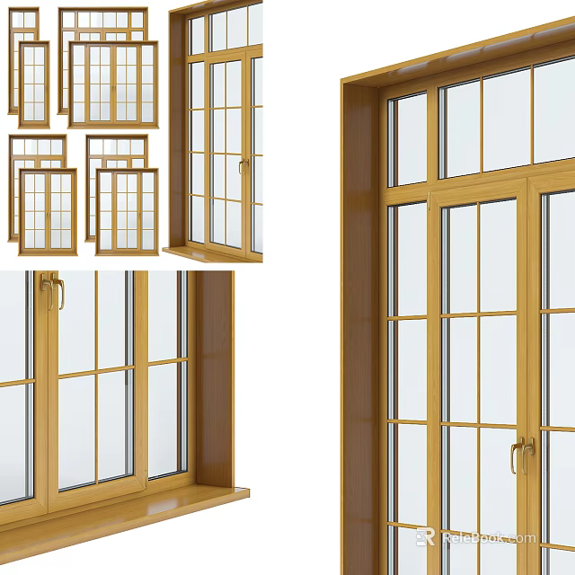 Elegant Wooden Hinged Door With Glass Panes And Grid Design For Home Interior 3d model 