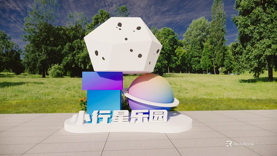 Creative Garden Ornaments Featuring White Dice Colorful Blocks And Rainbow Sphere In Park 3d model 