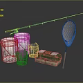 Fishing Gear Collection With Rod Landing Net Buckets And Green Tackle Box