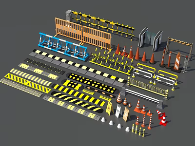 Traffic Safety Equipment Collection With Cones Barriers Warning Tapes And Reflective Strips 3d model