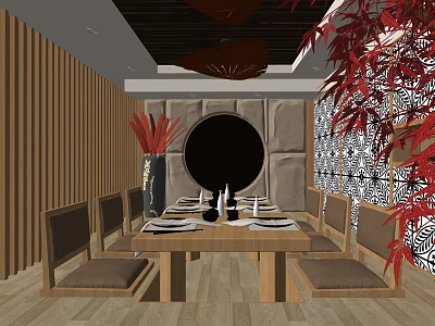 Private Dining Room Featuring Wooden Dining Table Stone Wall Circular Decor Red Plants And Tableware 3d model