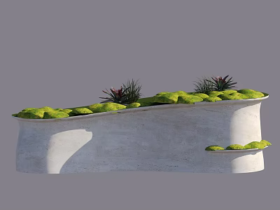 Modern Curved Concrete Bonsai Planter With Green Moss And Small Plants 3d model