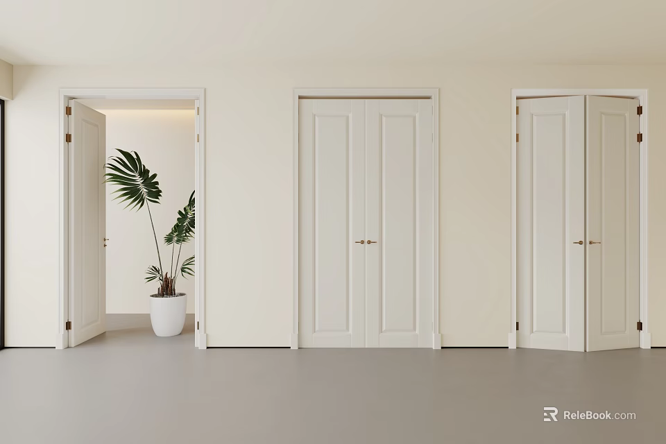 White Double Doors Interior With Golden Handles Light Colored Wall Gray Floor And Green Plant 3d model 