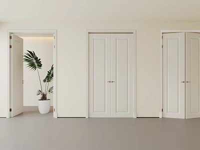 White Double Doors Interior With Golden Handles Light Colored Wall Gray Floor And Green Plant 3d model