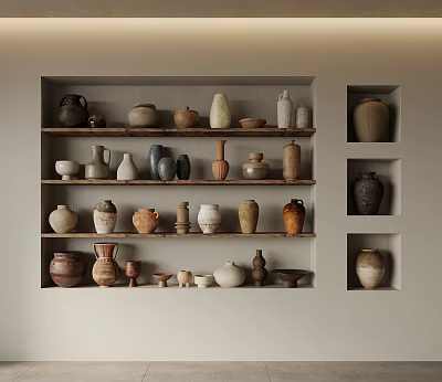 Ceramic Vessels on Wooden Shelves and Built-in Niches with Various Colors Different Shapes Including Jars Bottles Bowls 3d model