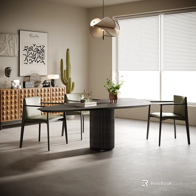 Modern Luxury Dining Room Interior With Dining Table Chairs Green Plants Decorative Painting And Cabinet 3d model 