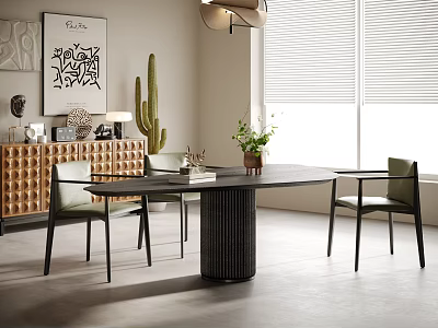 Modern Luxury Dining Room Interior With Dining Table Chairs Green Plants Decorative Painting And Cabinet 3d model