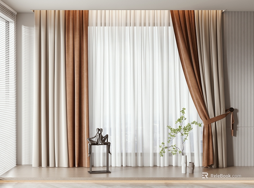 Elegant Modern Curtains With Brown Beige And White Layers Sheer Drapes And Green Plant Decor 3d model 