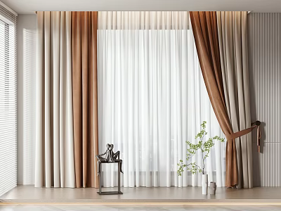 Elegant Modern Curtains With Brown Beige And White Layers Sheer Drapes And Green Plant Decor 3d model