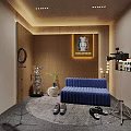 Stylish Interior Space With Blue Sofa Photography Equipment Kilian Paris Painting Shoes And Display Cabinet