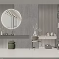 Modern Dressing Table With Circular Mirror Gray Textured Wall And Green Stool