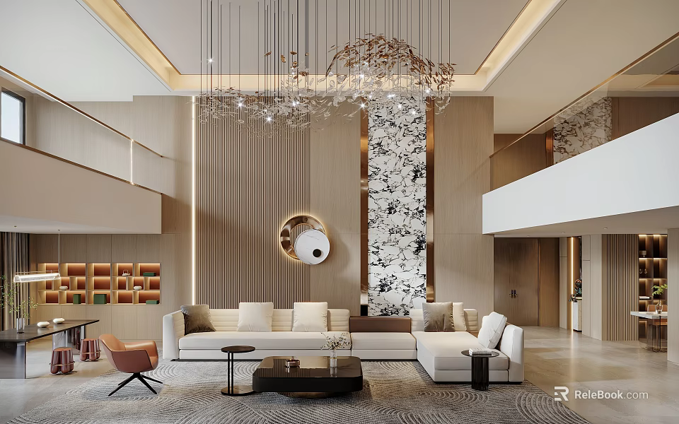Duplex Living Room Interior With Chandelier White Sofa And Decorative Wall 3d model 