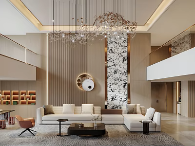 Duplex Living Room Interior With Chandelier White Sofa And Decorative Wall 3d model