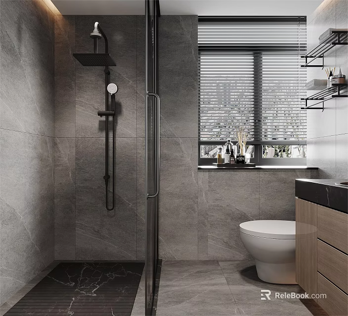 Modern Minimalist Grey Tiled Bathroom With Shower Fixtures Wall Mounted Toilet And Vanity Cabinet 3d model 