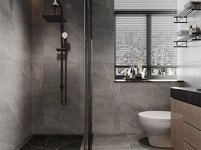 Modern Minimalist Grey Tiled Bathroom With Shower Fixtures Wall Mounted Toilet And Vanity Cabinet 3d model