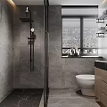 Modern Minimalist Grey Tiled Bathroom With Shower Fixtures Wall Mounted Toilet And Vanity Cabinet