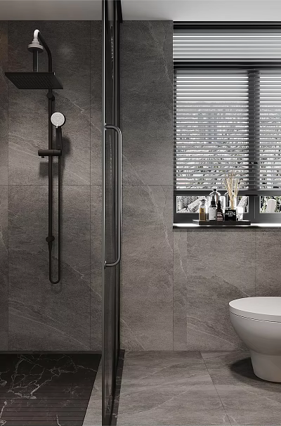 Modern Minimalist Grey Tiled Bathroom With Shower Fixtures Wall Mounted Toilet And Vanity Cabinet 3d model
