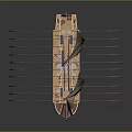 Traditional Wooden Boat with Two Beige Sails Blue Trim and Multiple Oars on Dark Background