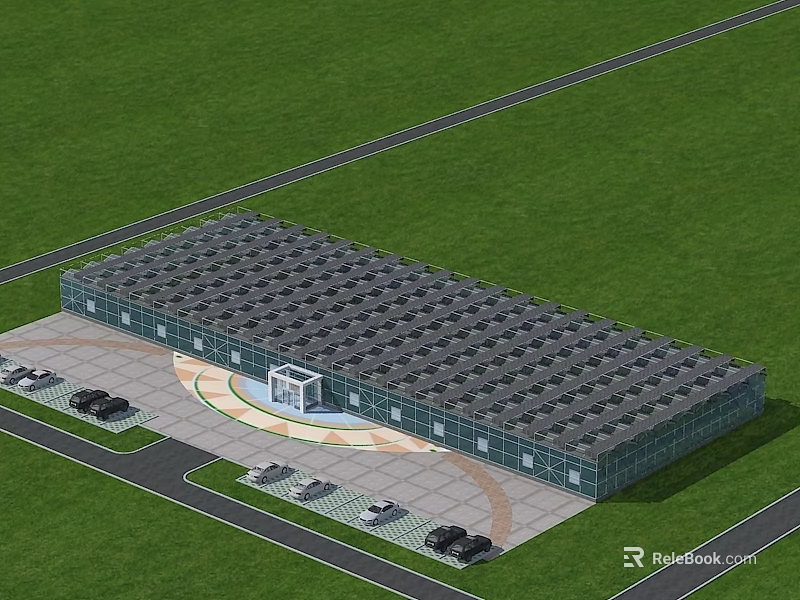 Industrial Factory Building with Glass Curtain Walls Grey Roof Parking Lot Green Lawn Front Entrance 3d model 