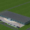 Industrial Factory Building with Glass Curtain Walls Grey Roof Parking Lot Green Lawn Front Entrance