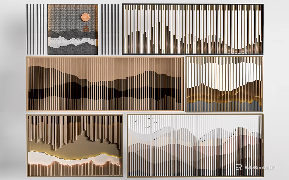 Modern Room Dividers With Geometric Patterns Mountain Contours Vertical Lines And Neutral Tones 3d model 