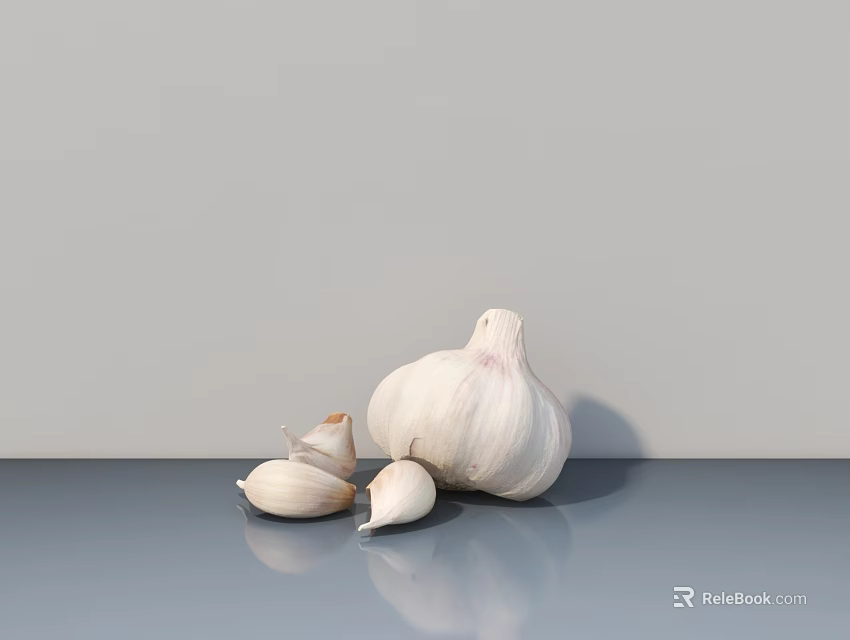 Fresh Garlic Bulb and Cloves Placed on Shiny Surface with Gray Background 3d model 